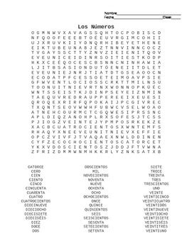 los numeros word search